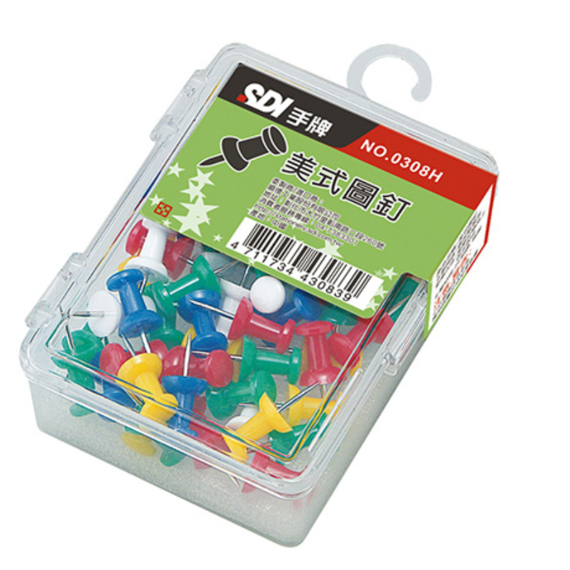 手牌 0308H 美式圖釘 60入 針長10mm 塑膠盒裝 彩色圖釘